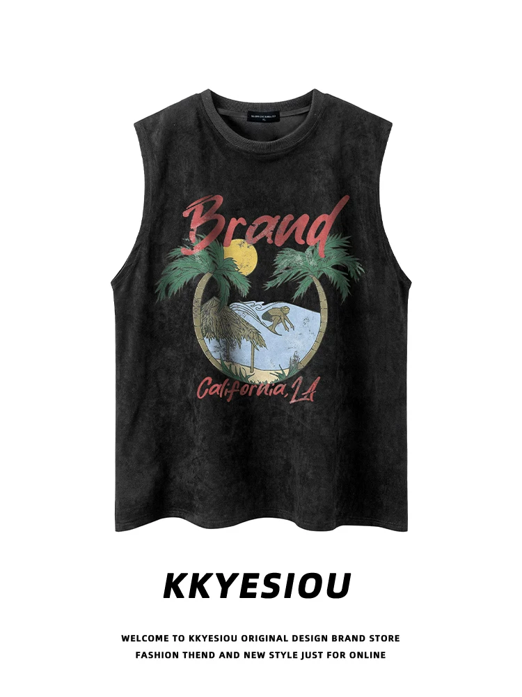 Áo vest in họa tiết phong cách retro Mỹ KKyesiou, chất liệu da lộn, unisex, thời trang, thương hiệu nổi tiếng, áo thun cặp đôi.