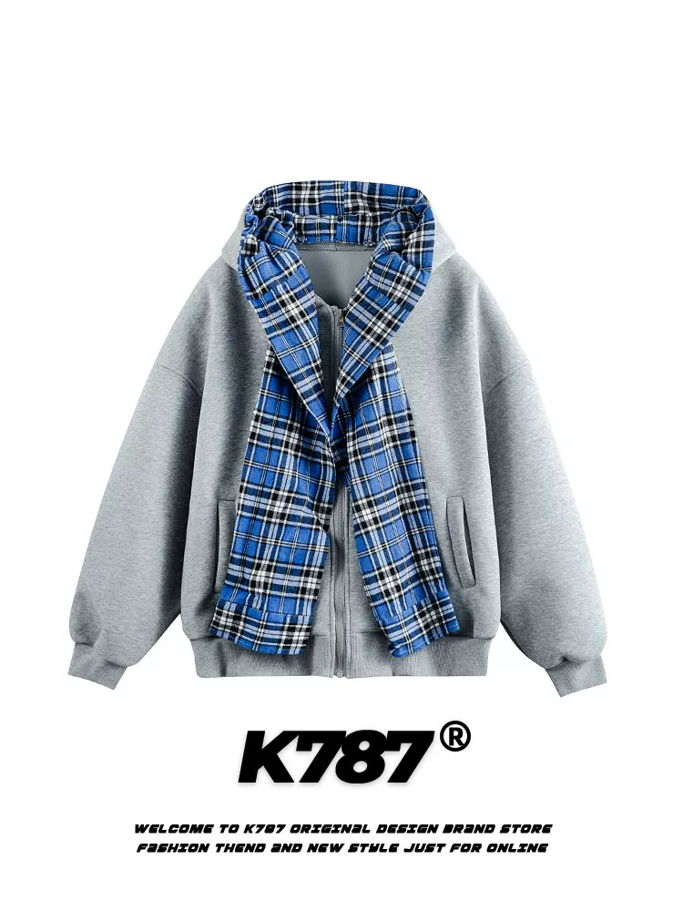 Áo khoác cardigan có mũ trùm đầu kiểu Mỹ cổ điển giả hai mảnh kẻ sọc K787 dành cho nam và nữ, phối khăn quàng cổ, kiểu dáng lười biếng, áo khoác cặp đôi