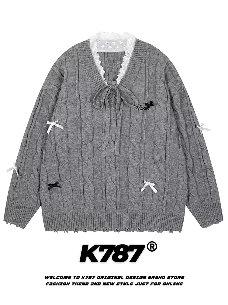 Áo len dệt kim cổ V buộc dây phong cách retro Mỹ K787, phối ren, dành cho nam và nữ, kiểu vintage preppy.