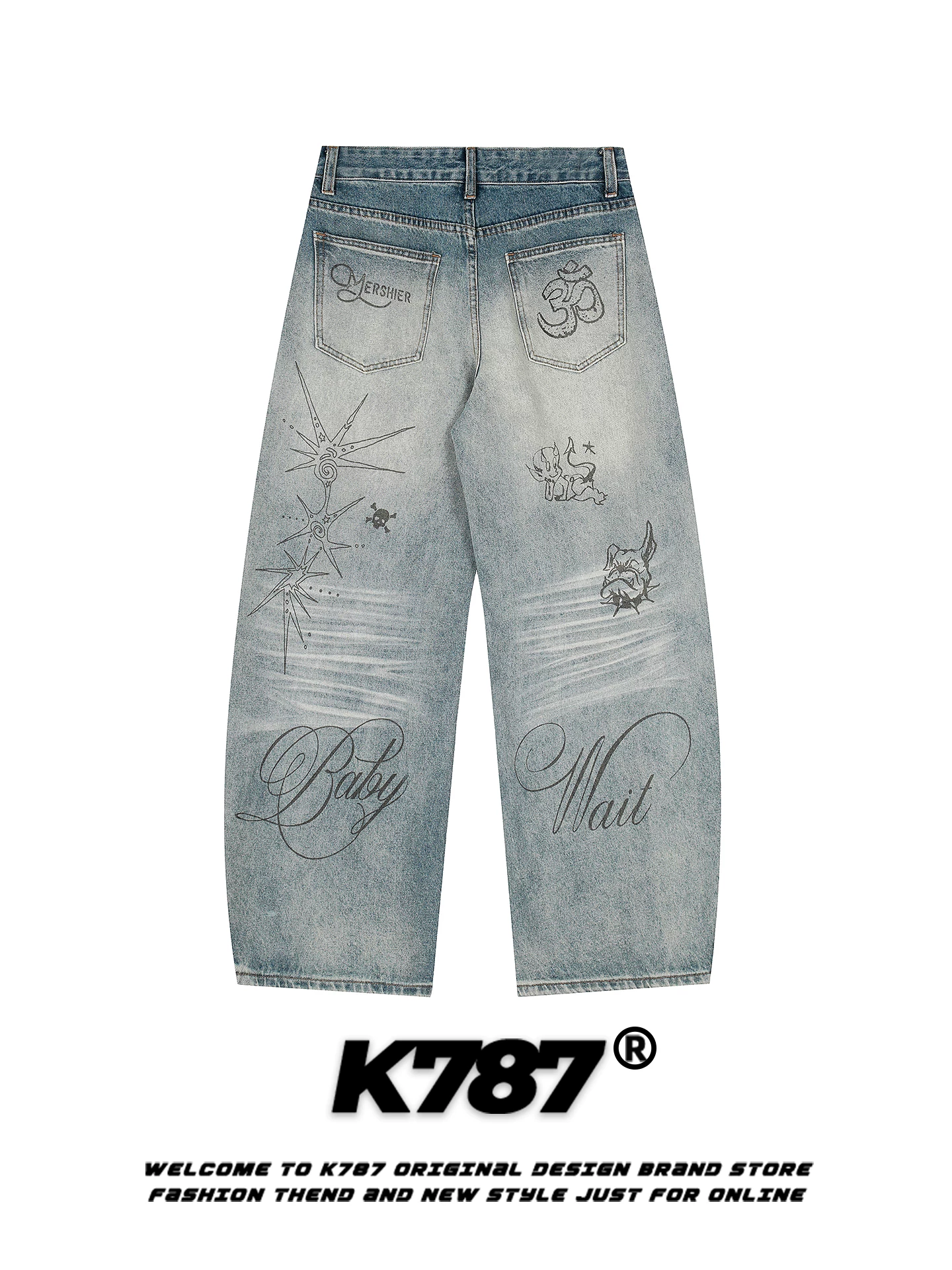 Quần jeans unisex K787 kiểu Mỹ cổ điển, in họa tiết graffiti vui nhộn, dáng rộng, cạp cao, ống rộng, phong cách casual.