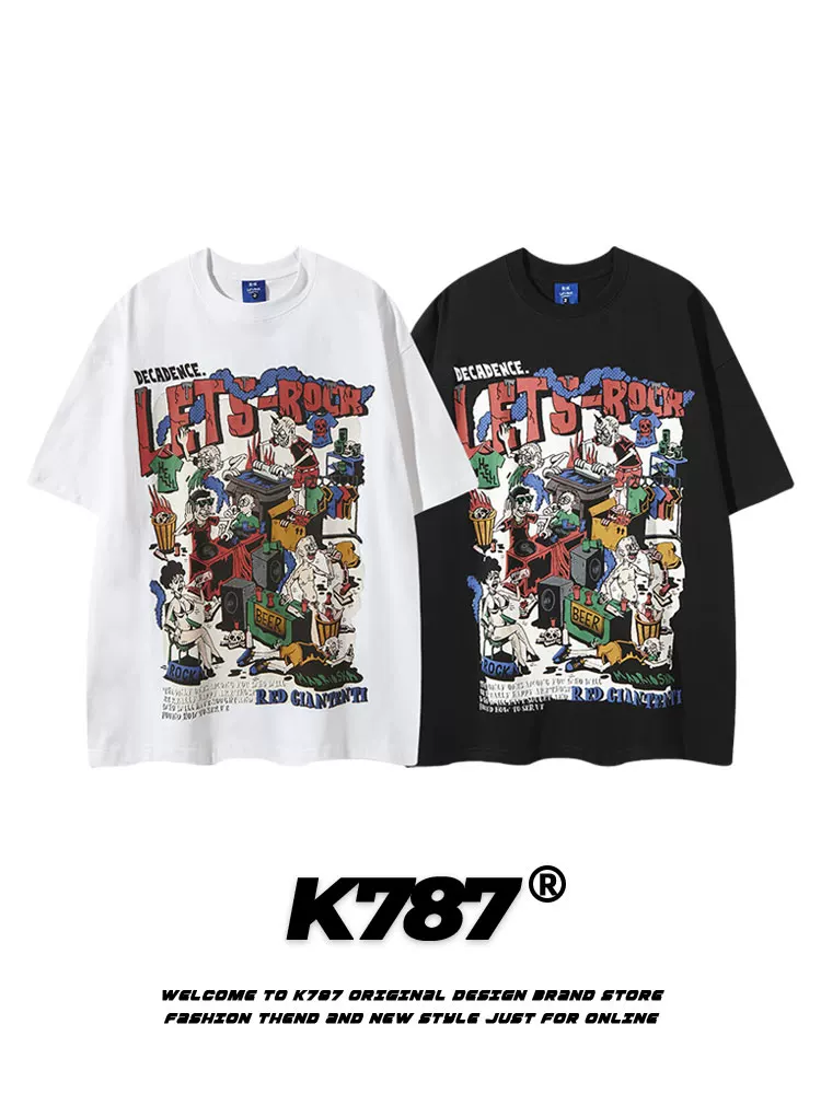 K787 Áo thun ngắn tay phong cách retro quốc gia Mỹ theo xu hướng hip-hop graffiti dành cho nam và nữ áo thun oversize đường phố cao cấp đa năng dành cho cặp đôi