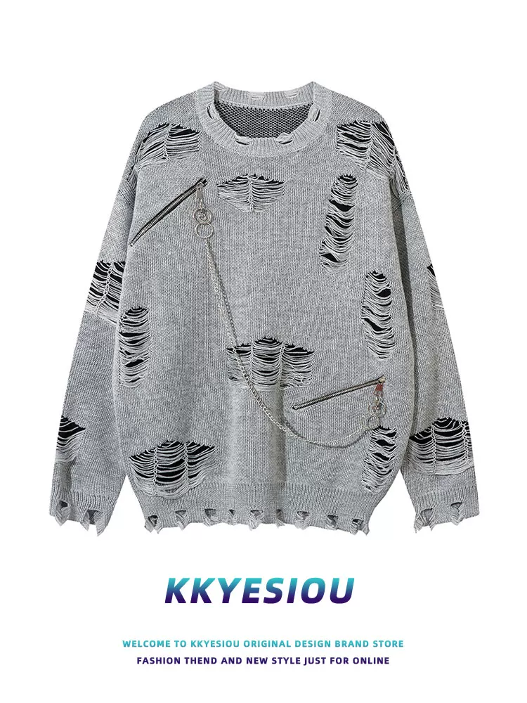 Áo len dệt kim phối mảng vá dây xích rách kiểu retro thời thượng của thương hiệu KKyesiou, unisex, dáng rộng, dành cho cặp đôi