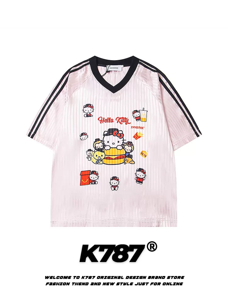K787 Áo thun ngắn tay phong cách đường phố Mỹ kitty cat phong cách lười biếng dành cho nam và nữ blokecore sọc thể thao y2k jersey