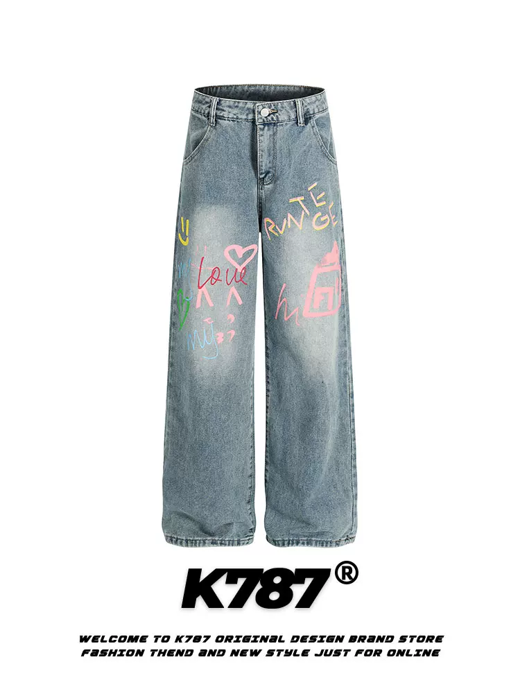 Quần jeans in chữ graffiti phong cách đường phố Mỹ K787 dành cho nam và nữ, cạp cao, đã qua xử lý làm mềm, dáng rộng ống thẳng