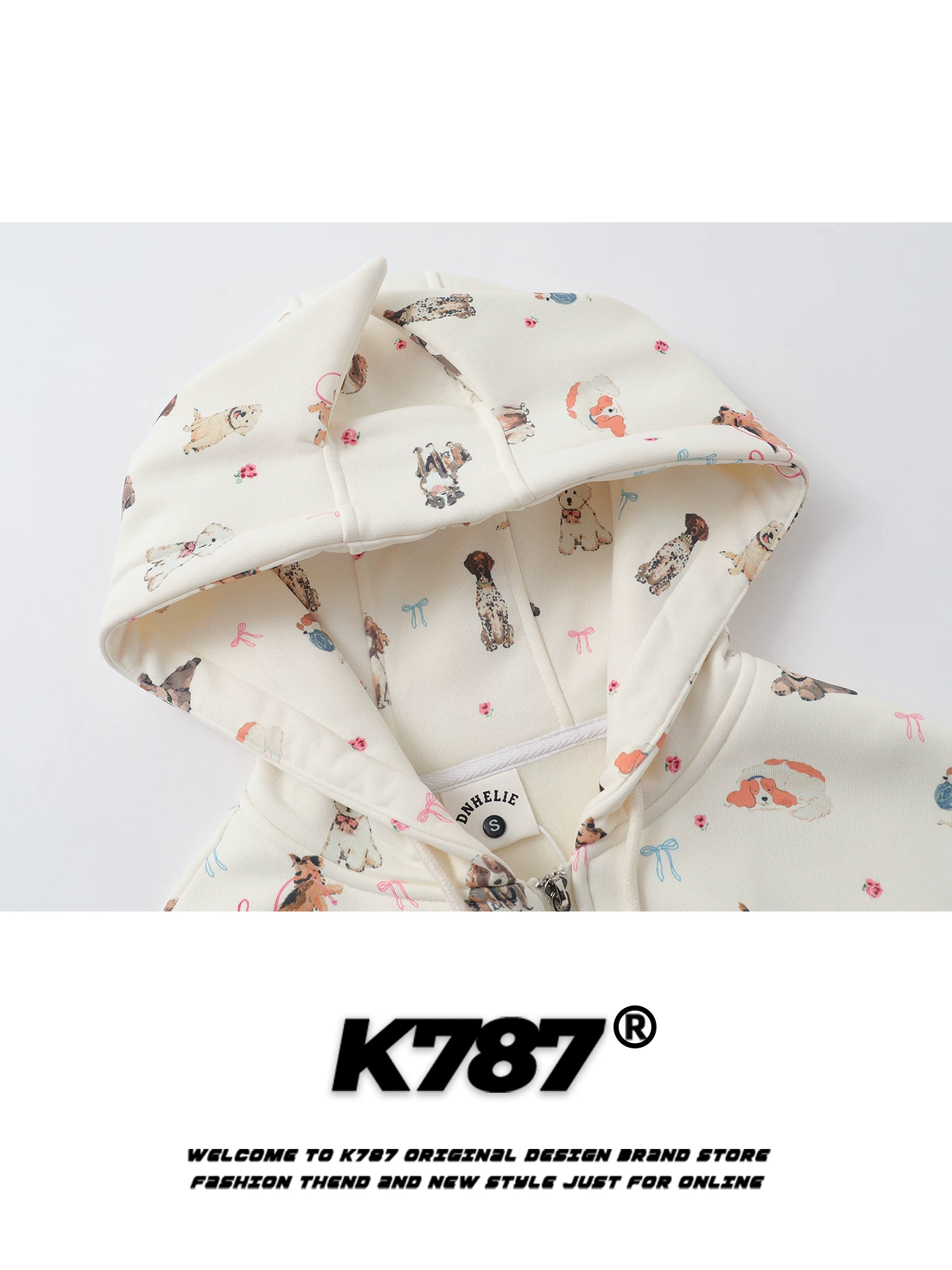 Bộ đồ nữ hai mảnh áo hoodie cardigan in hình chó vui nhộn phong cách retro Mỹ K787, quần ống rộng dáng thẳng