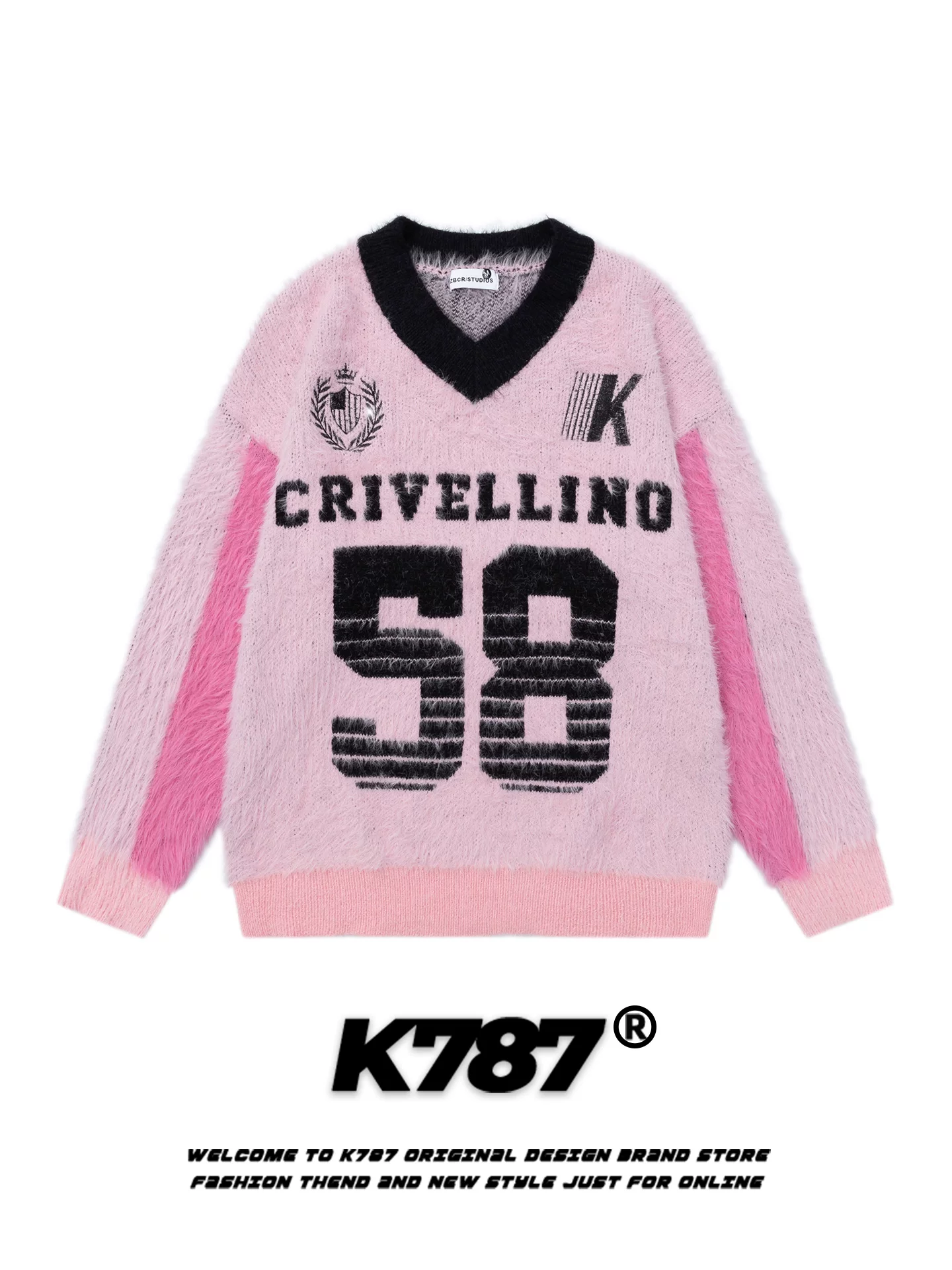 K787 Áo len cổ chữ V hai tông màu cổ điển của Mỹ unisex phong cách áo thể thao dáng rộng áo thun giản dị dành cho cặp đôi hàng dệt kim