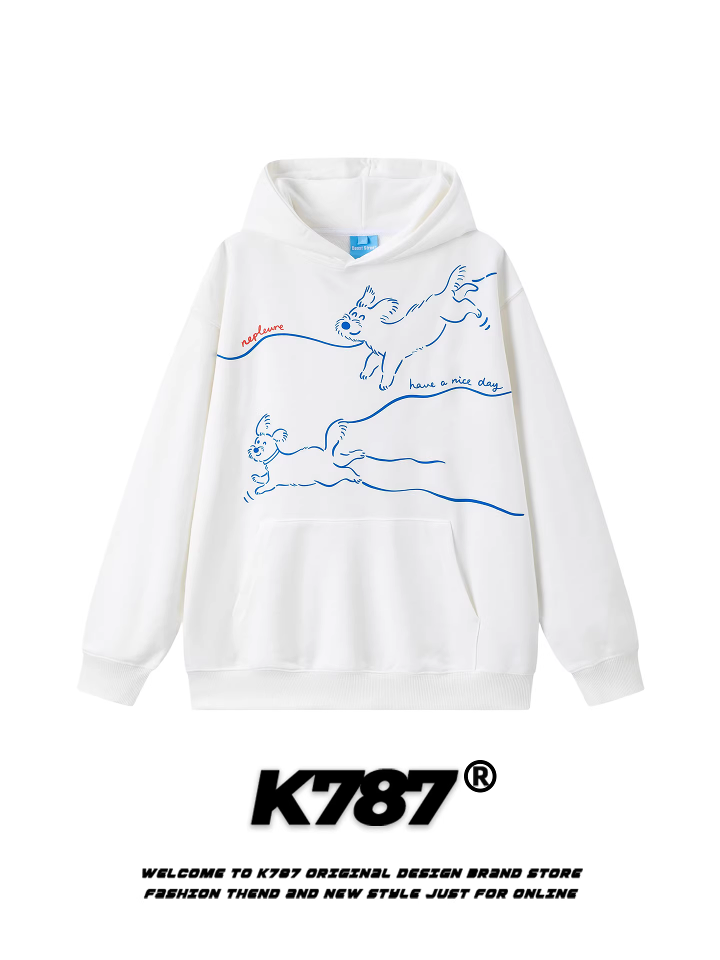 Áo hoodie chó vẽ tay phong cách retro Mỹ K787 dành cho nam, kiểu dáng rộng rãi, phong cách sinh viên, áo khoác cặp đôi đi làm