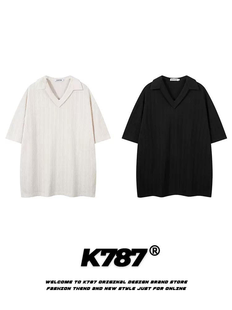K787 Áo sơ mi POLO họa tiết tối màu phong cách retro Mỹ dành cho nam và nữ, áo thun ngắn tay cổ chữ V đa năng, dáng rộng, phong cách đường phố