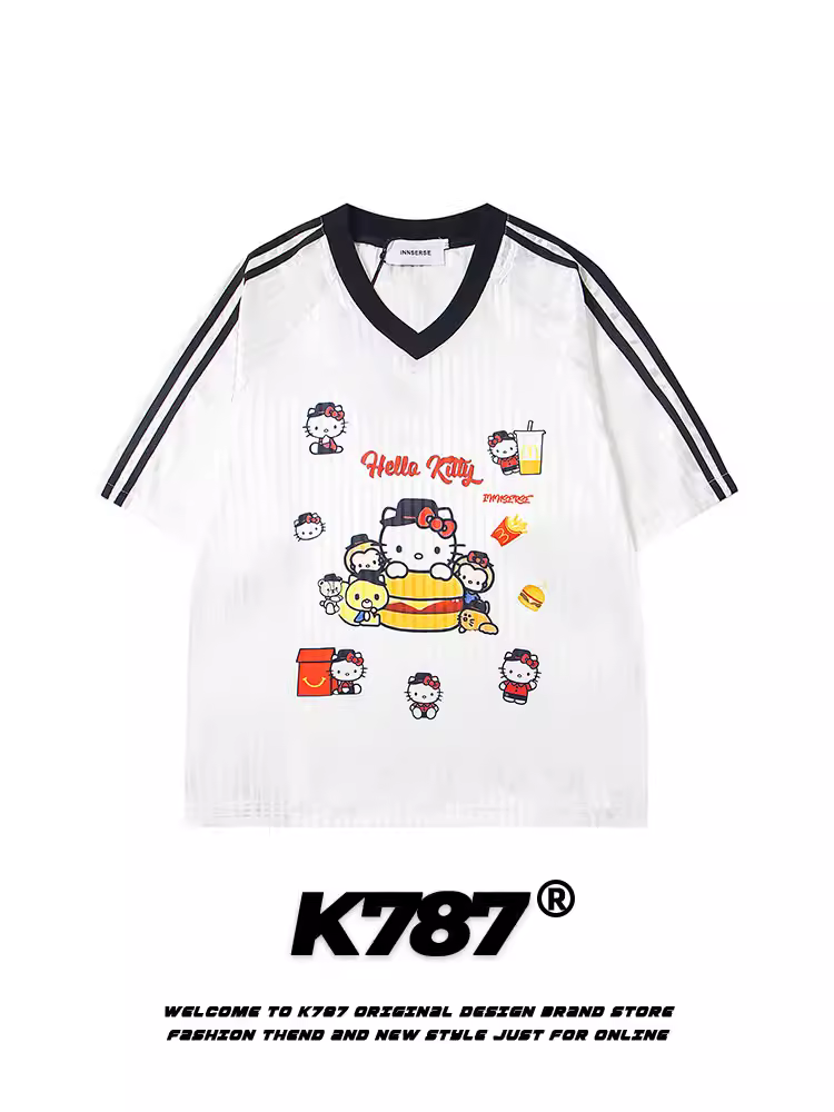 K787 Áo thun ngắn tay phong cách đường phố Mỹ kitty cat phong cách lười biếng dành cho nam và nữ blokecore sọc thể thao y2k jersey