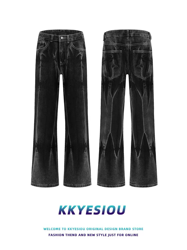 Quần jeans đen phai màu kiểu Mỹ cổ điển, unisex, dáng rộng, cạp cao, đa năng, ống thẳng của thương hiệu KKyesiou