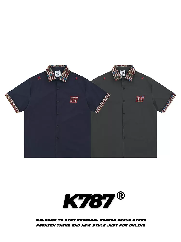 Áo sơ mi ngắn tay thêu cổ điển kiểu Mỹ K787 dành cho nam và nữ, áo cardigan nửa tay phong cách dân tộc đường phố, kiểu ghép mảnh, mặc mùa hè