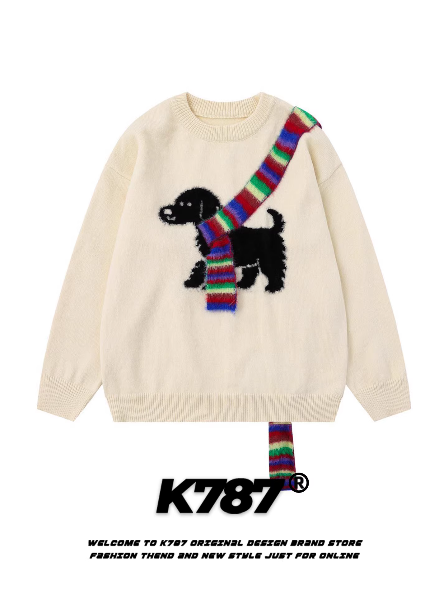 Áo len cổ tròn unisex kiểu dáng rộng rãi, chất liệu len dệt kim, họa tiết cầu vồng retro Mỹ, kiểu dáng cặp đôi, mã K787