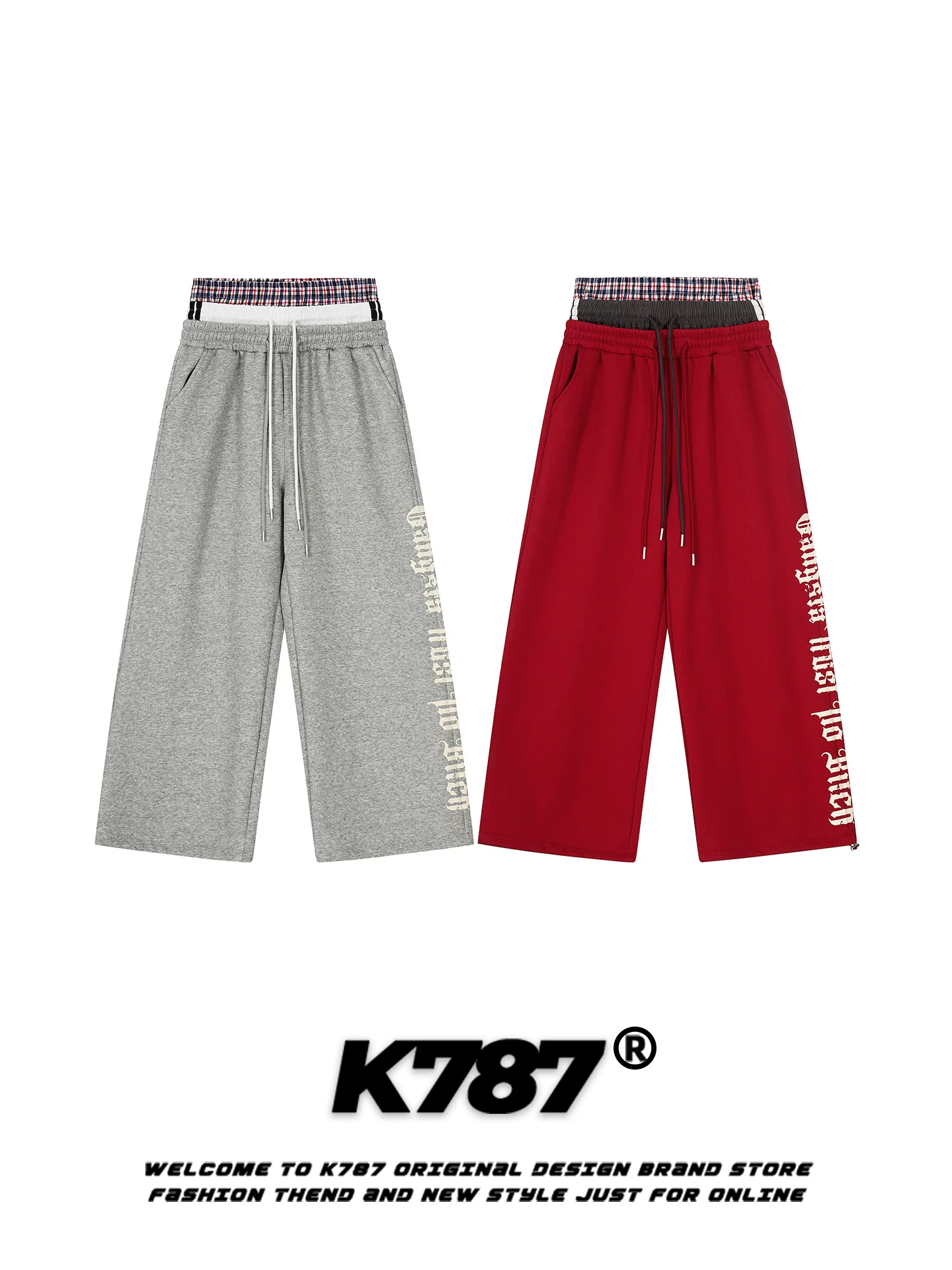 Quần jogger unisex dáng rộng, ống đứng, dài chấm đất, in chữ, phong cách retro Mỹ, có dây rút ba vòng K787