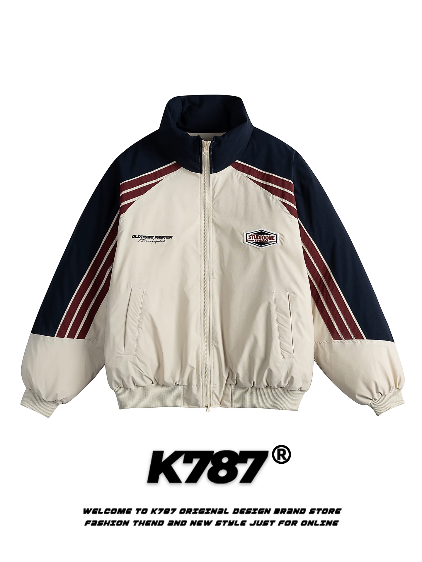 Áo khoác cotton cổ đứng phối màu retro kiểu Mỹ K787 dành cho nam và nữ, áo khoác cotton ấm áp mùa đông phong cách đường phố hợp thời trang dành cho cặp đôi.