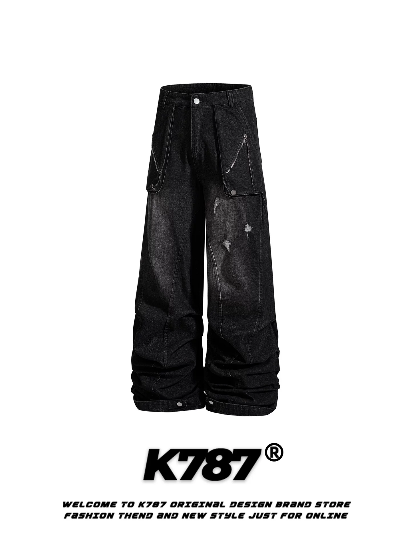 Quần jeans unisex kiểu đường phố Mỹ K787, rách, cắt xén, dáng rộng, ống rộng, đường may lộ, thời trang.