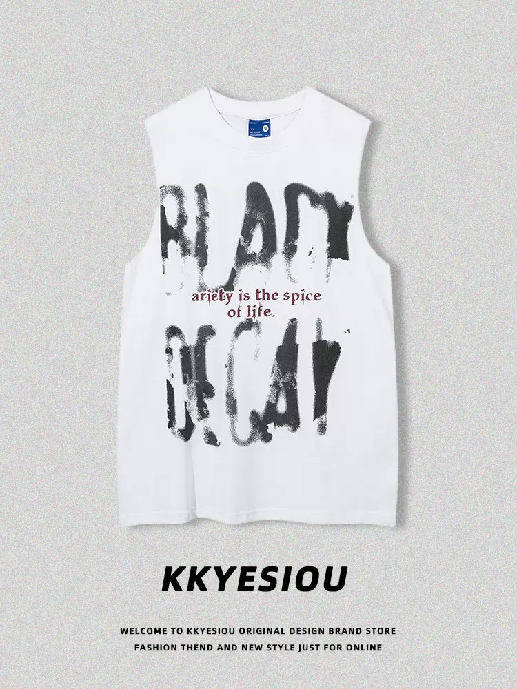 Áo vest unisex phong cách đường phố hip-hop, in chữ graffiti theo xu hướng retro Mỹ, kiểu dáng rộng rãi, dành cho cặp đôi.