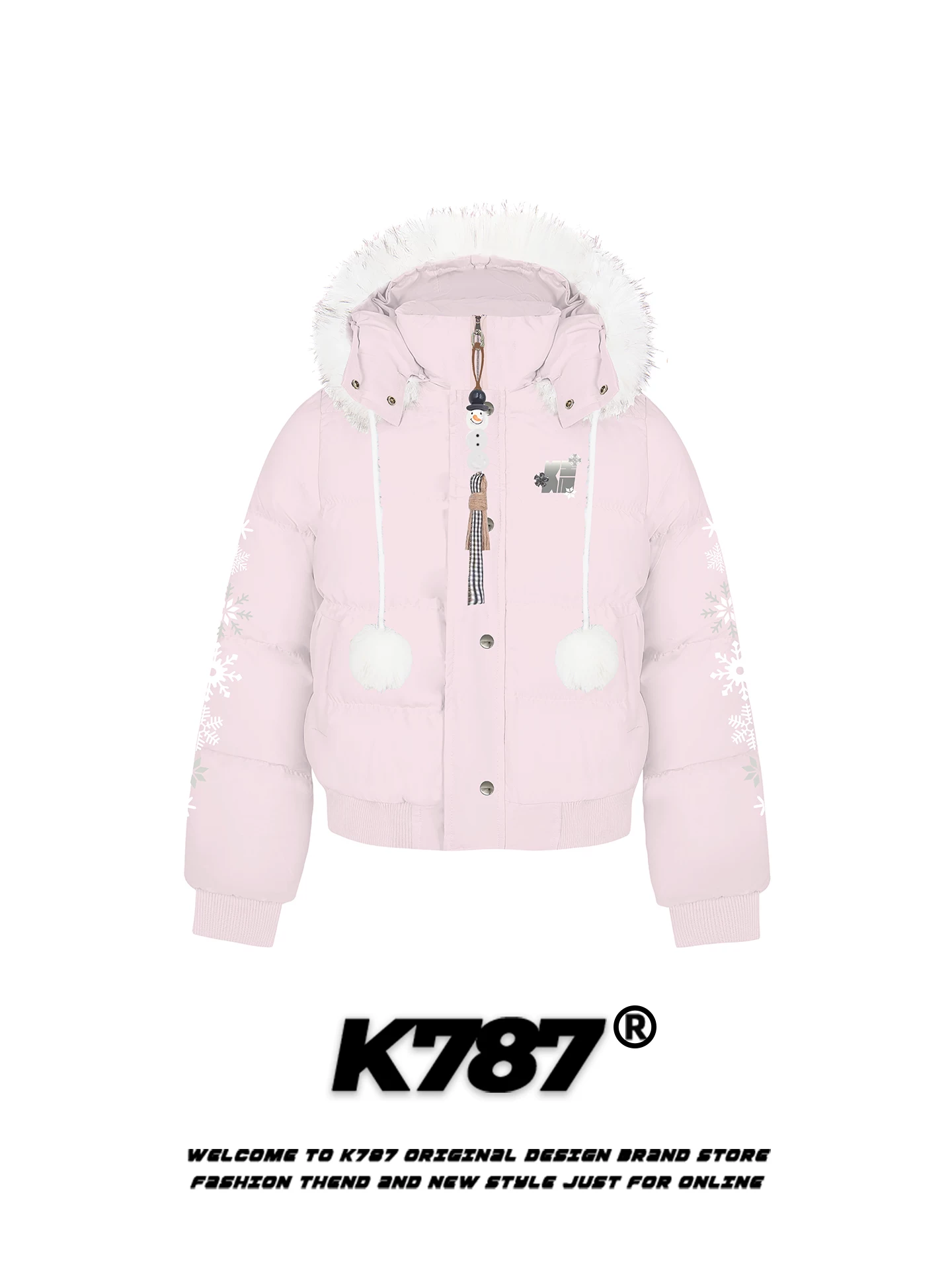 Áo khoác cotton có mũ trùm đầu cổ lông lớn kiểu retro Mỹ K787 dành cho nữ, có dây thắt eo, giảm tuổi tác, ấm áp, áo khoác cotton ngắn màu hồng.
