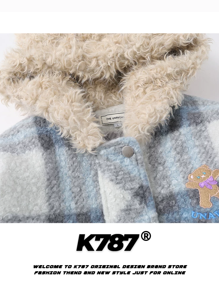 Áo khoác cotton có mũ trùm đầu hình gấu vui nhộn bằng len giả K787 dành cho nam và nữ, thêu nặng, áo khoác cotton phong cách đại học.