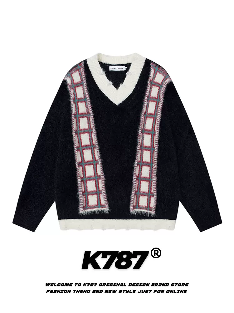 Áo len dệt kim màu đỏ cổ chữ V kiểu Mỹ cổ điển K787 dành cho nam và nữ, có thể phối cà vạt, áo len Giáng sinh