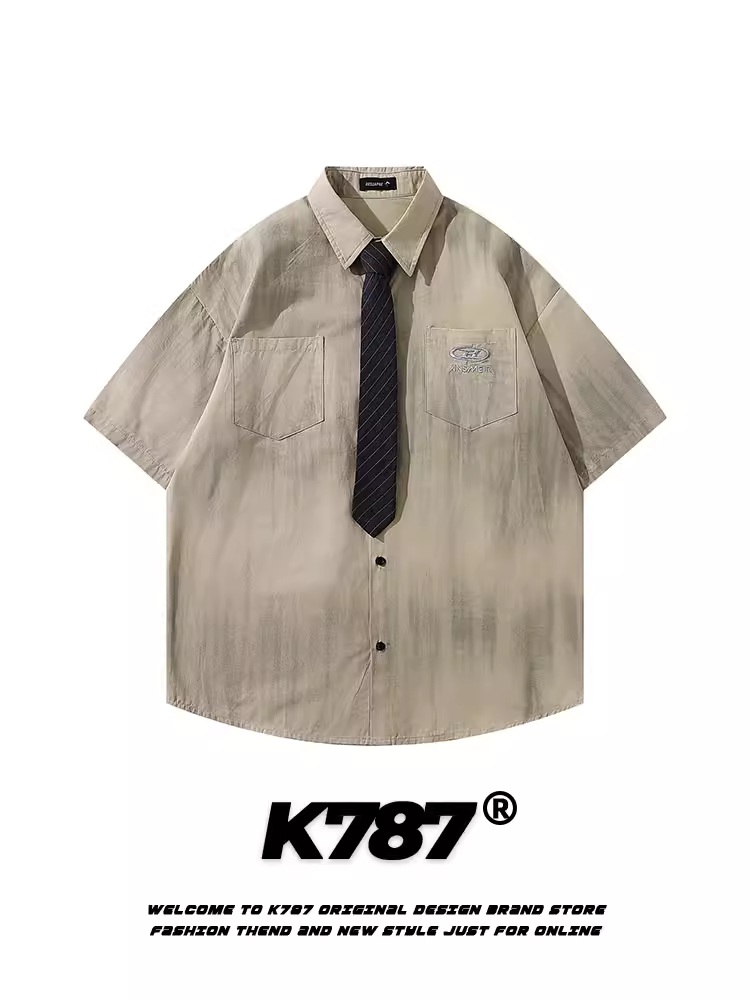 Áo sơ mi POLO ngắn tay nhuộm màu kiểu Mỹ K787 dành cho nam và nữ, phong cách đại học, dáng rộng, giản dị, hợp thời trang, thương hiệu nửa tay áo