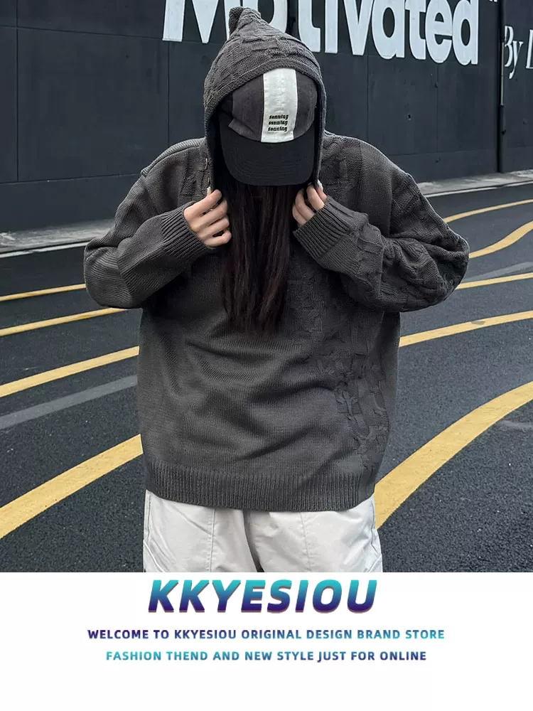 Áo len có mũ trùm đầu hình kim cương không đều kiểu dáng KKyesiou dành cho nam và nữ, áo len dệt kim đa năng phong cách giản dị.
