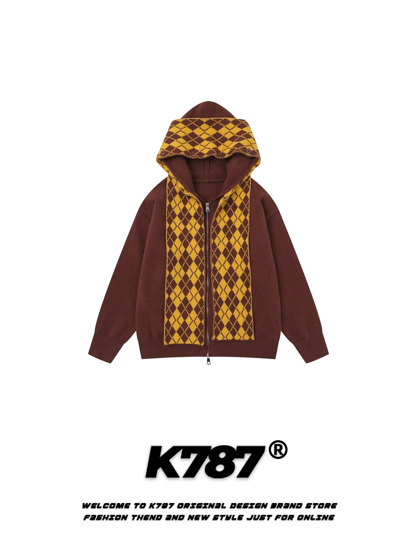 Áo len dệt kim có mũ trùm đầu kiểu Mỹ cổ điển K787 dành cho nam và nữ, kiểu dáng rộng rãi, phong cách đường phố, áo len lười có khóa kéo.