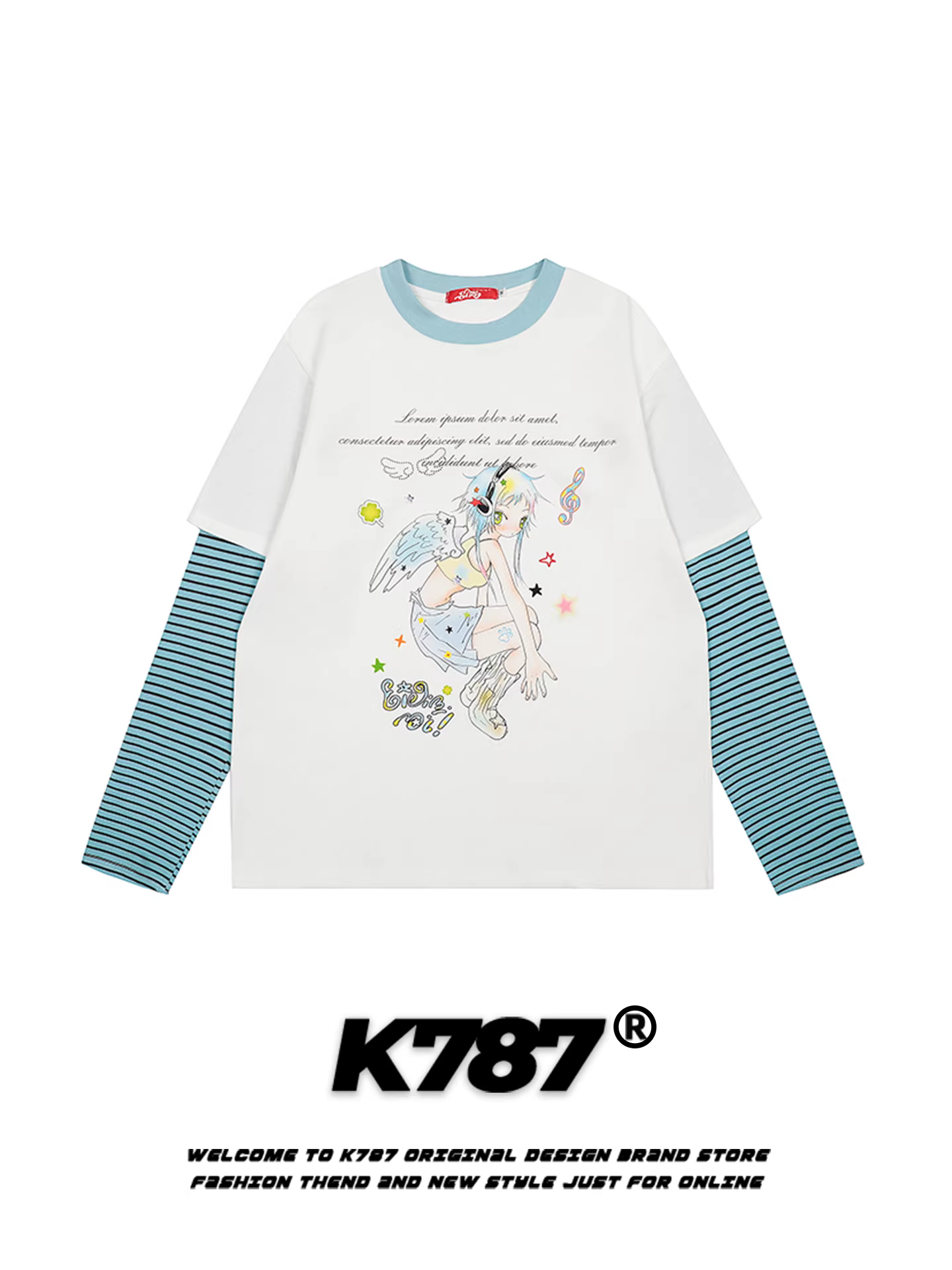 K787 Áo thun dài tay giả hai mảnh kiểu Mỹ dành cho nam và nữ, áo dáng rộng in họa tiết hoạt hình sọc chắp vá cho mùa thu.