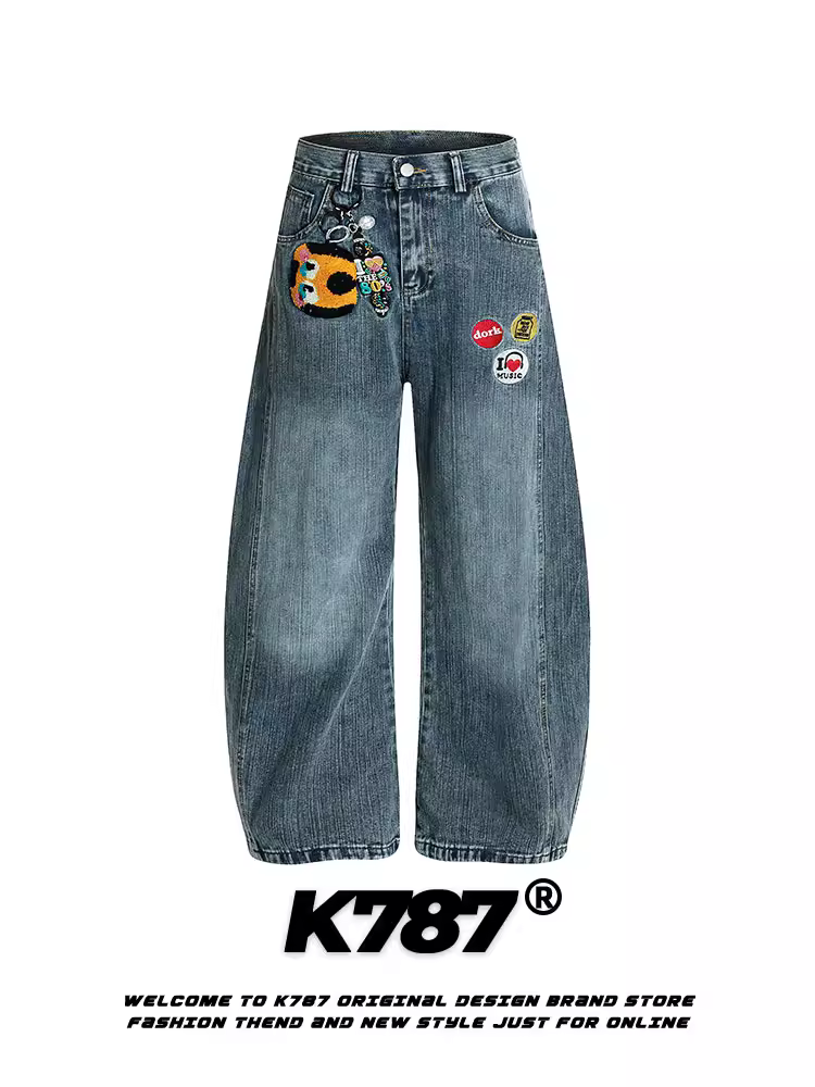 Quần jeans thêu họa tiết hoạt hình retro Mỹ K787, unisex, phong cách đường phố, cạp cao, giặt mài, kiểu dáng xuông, thoải mái