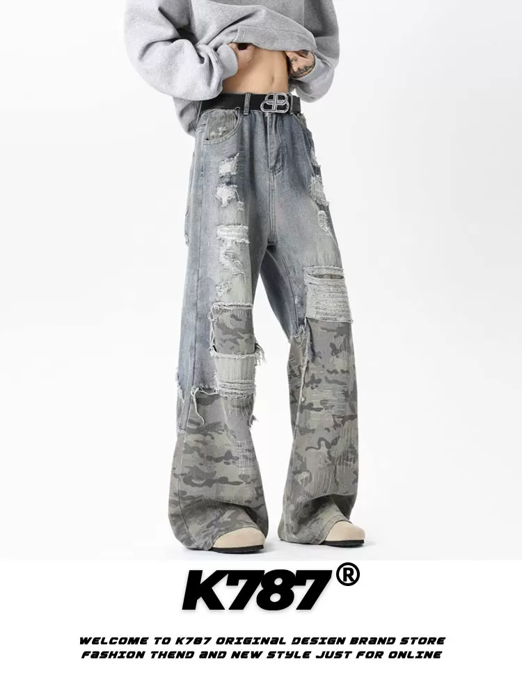 Quần jeans denim xước kiểu Mỹ cổ điển K787, phối vải vá, chất liệu chải mềm, unisex, dáng rộng, thêu họa tiết rằn ri, phong cách thường ngày, ống thẳng
