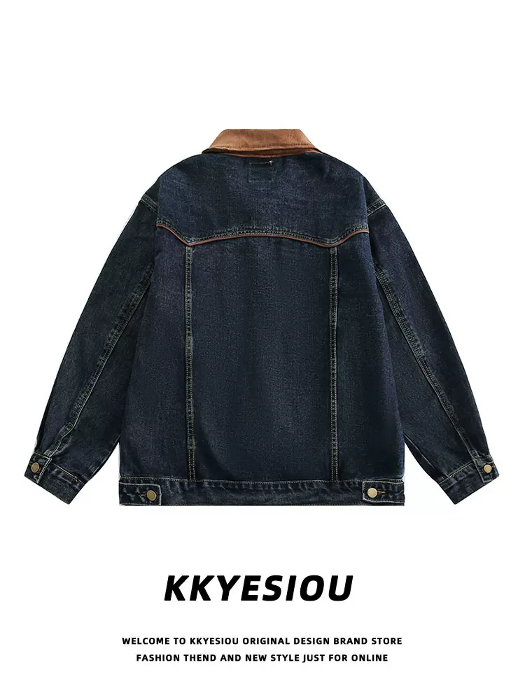 Áo khoác denim phối màu phong cách retro Mỹ của KKyesiou dành cho nam và nữ, áo khoác đôi thêu vintage