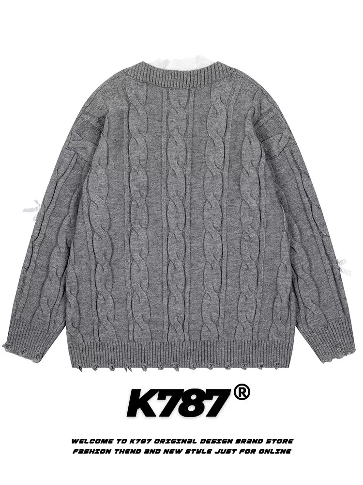 Áo len dệt kim cổ V buộc dây phong cách retro Mỹ K787, phối ren, dành cho nam và nữ, kiểu vintage preppy.
