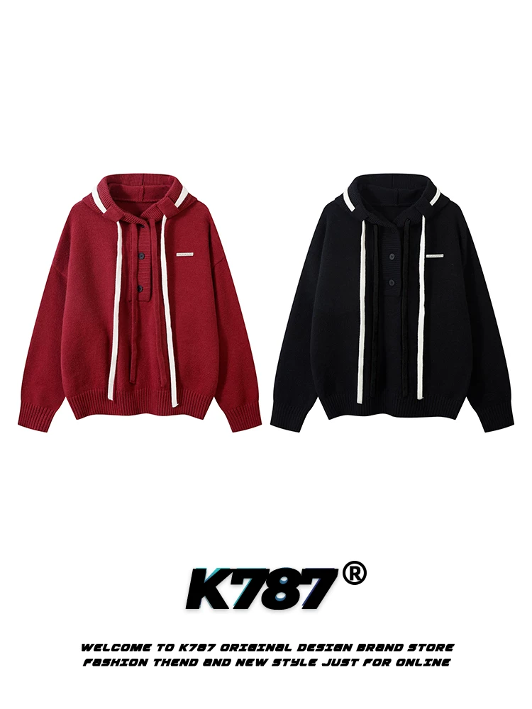 Áo hoodie len dệt kim màu đỏ phong cách retro Mỹ K787 dành cho nam và nữ với thiết kế đầy cá tính