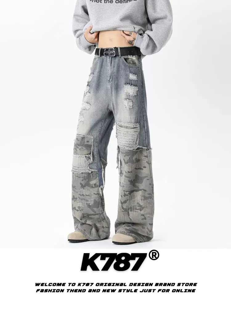 Quần jeans denim xước kiểu Mỹ cổ điển K787, phối vải vá, chất liệu chải mềm, unisex, dáng rộng, thêu họa tiết rằn ri, phong cách thường ngày, ống thẳng