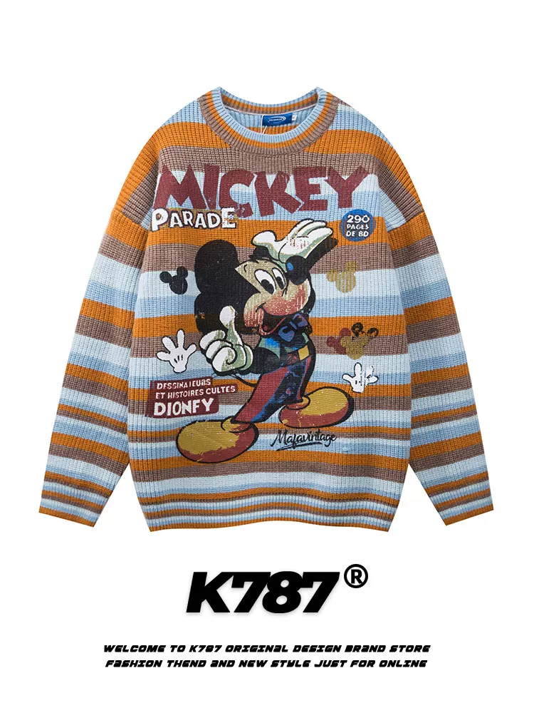 K787 Áo len dệt kim sọc cổ điển kiểu Mỹ áo len unisex áo len in hình đa năng phong cách đại học áo len cặp đôi