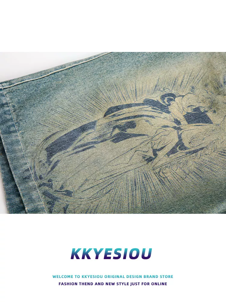 Quần short đường phố cao cấp kiểu dáng cổ điển của Mỹ của KKyesiou dành cho nam và nữ mùa hè Quần short denim dài vừa phải in họa tiết đường phố châu Âu và Mỹ