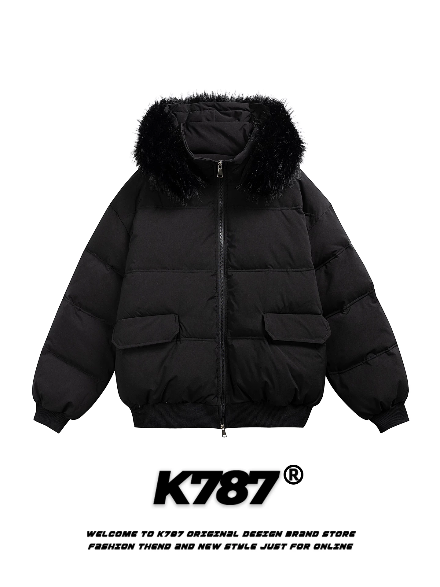 Áo khoác cotton có mũ trùm đầu, cổ lông lớn kiểu retro Mỹ K787 dành cho nam và nữ, thương hiệu thời thượng, ấm áp và dày dặn, áo khoác cotton mùa đông ngắn.