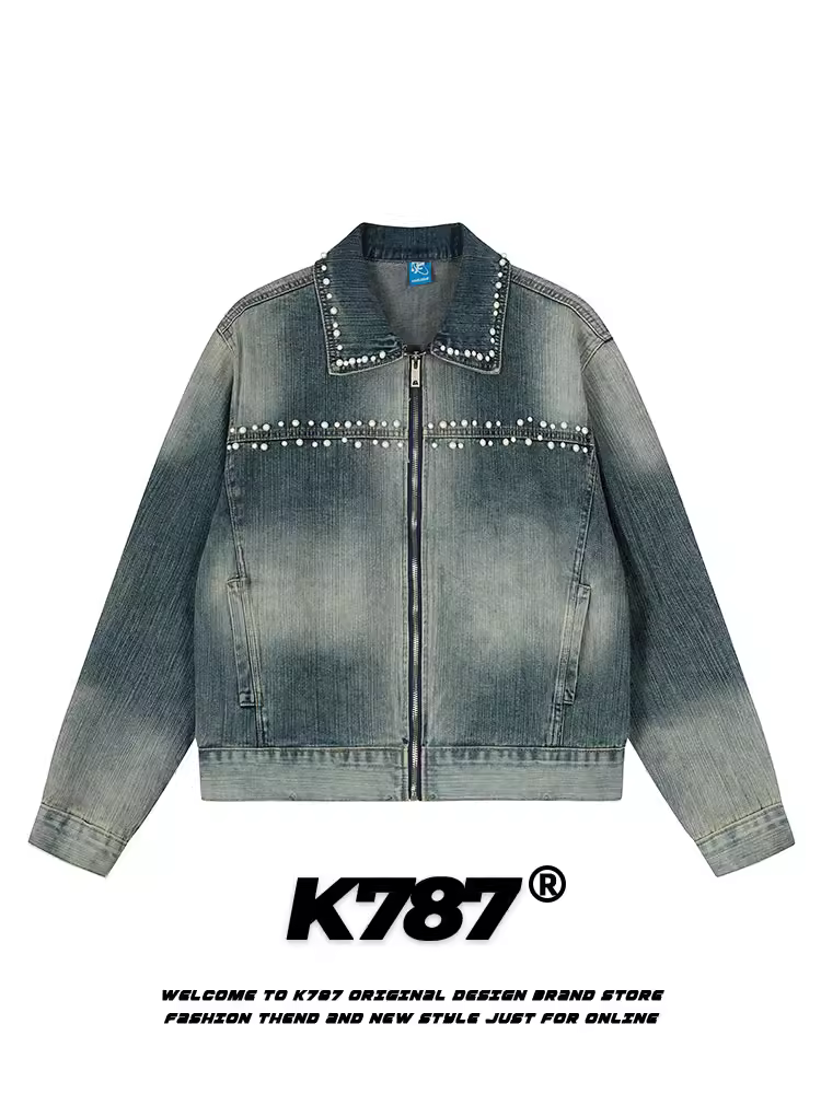 Áo khoác denim unisex dáng rộng, thiết kế tua rua kiểu Mỹ cổ điển, chất liệu denim đã qua xử lý, kiểu dáng ngắn, thời trang.