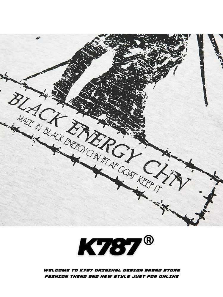 K787 Áo thun giả hai mảnh phong cách retro Mỹ in họa tiết trừu tượng, kiểu dáng unisex, phong cách hip-hop, áo thun dài tay phong cách đại học