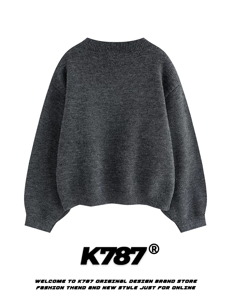 K787 Áo len dệt kim ngắn thêu hình chim cánh cụt phong cách vui nhộn và lười biếng dành cho nữ, Áo len thông thường đa năng theo phong cách đại học theo xu hướng quốc gia.