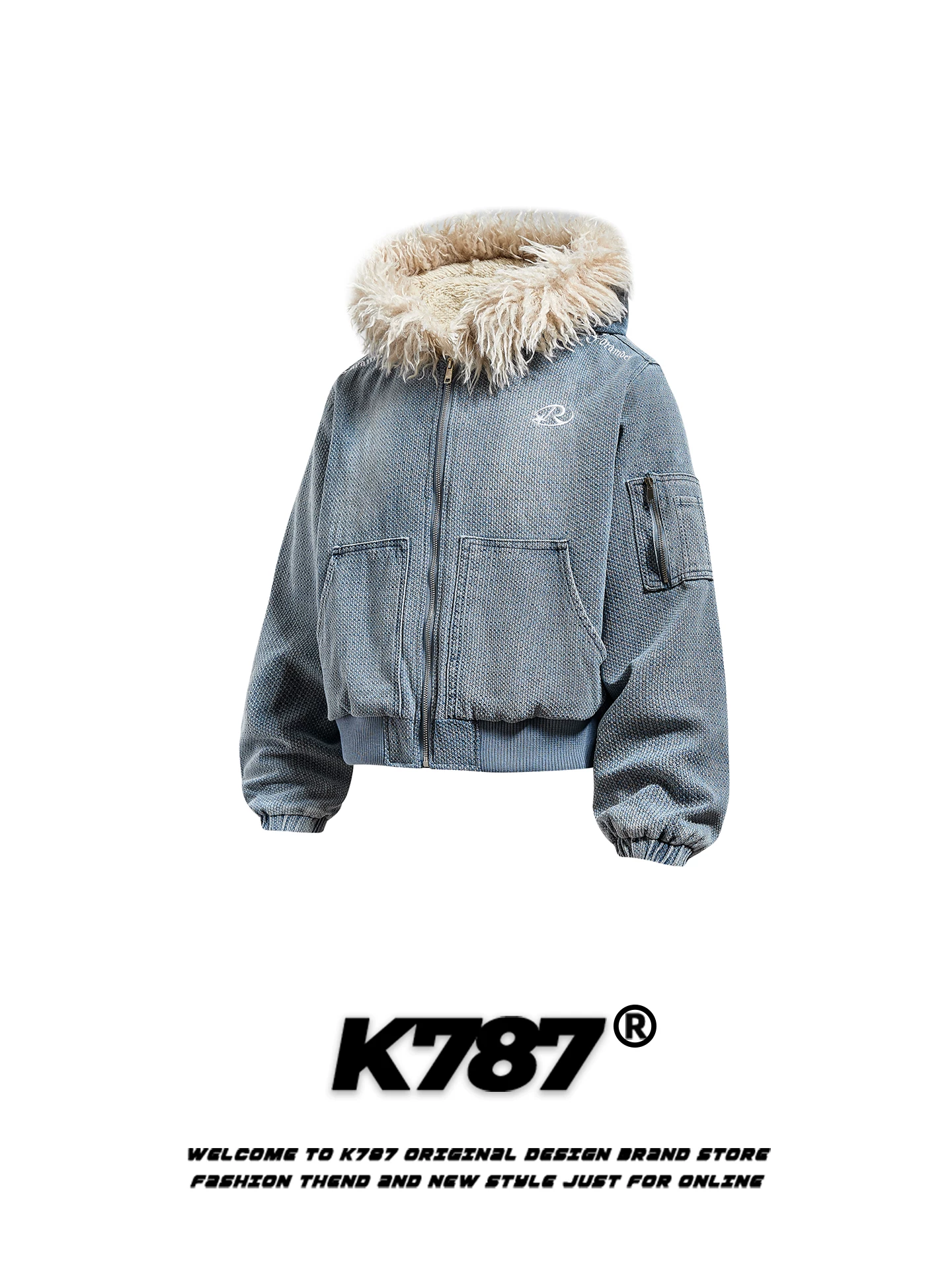 Áo khoác denim cotton có mũ trùm đầu, cổ lông thú, kiểu dáng thời trang Mỹ K787 dành cho nam và nữ, phong cách đường phố retro ấm áp, dày dặn, áo khoác đôi.