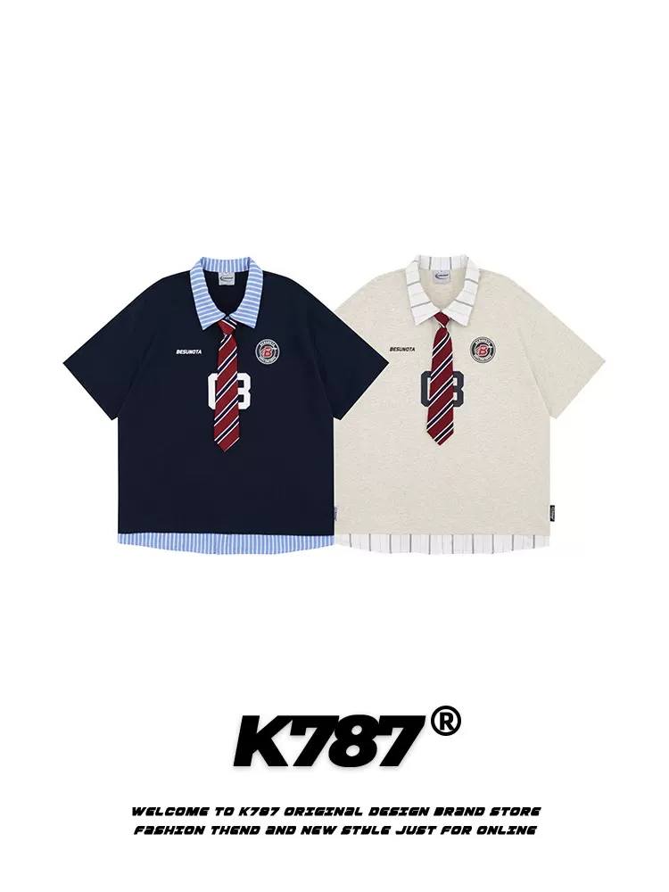 K787 Áo sơ mi POLO giả hai mảnh sọc giả cổ điển kiểu Mỹ dành cho nam và nữ, áo thun ngắn tay phong cách đại học đa năng dành cho cặp đôi