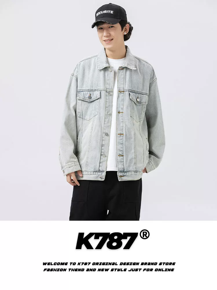 K787 Áo khoác denim màu sáng theo phong cách Mỹ, có màu vàng đất, áo khoác bóng chày kiểu cổ điển dành cho cặp đôi theo phong cách đại học