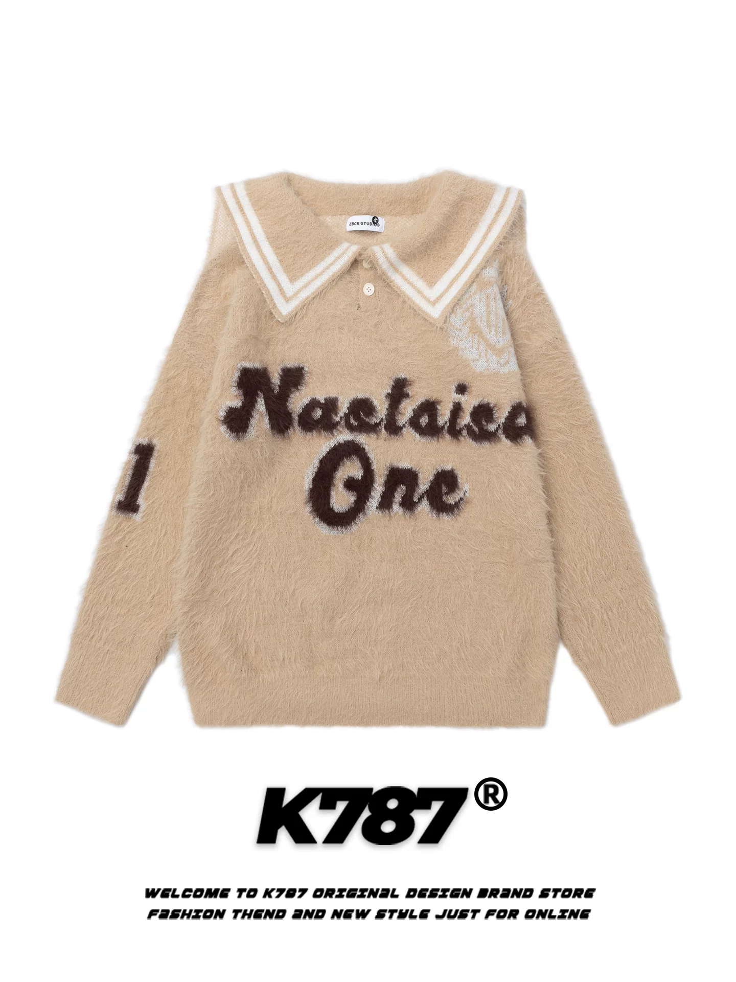 Áo len cổ điển kiểu Mỹ K787 dành cho nam và nữ, họa tiết chữ jacquard, kiểu dáng rộng rãi, phong cách đại học giản dị, áo len cặp đôi cho mùa thu.