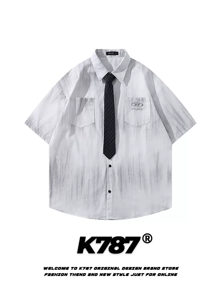 Áo sơ mi POLO ngắn tay nhuộm màu kiểu Mỹ K787 dành cho nam và nữ, phong cách đại học, dáng rộng, giản dị, hợp thời trang, thương hiệu nửa tay áo