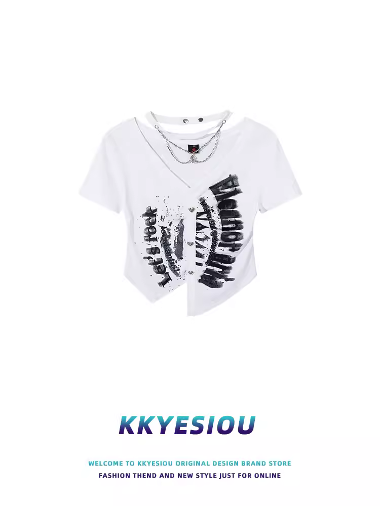 Áo thun nữ KKyesiou kiểu halter cổ, thiết kế hip-hop, ngắn, đa năng, chất liệu cardigan, tay ngắn, kiểu dáng regular.