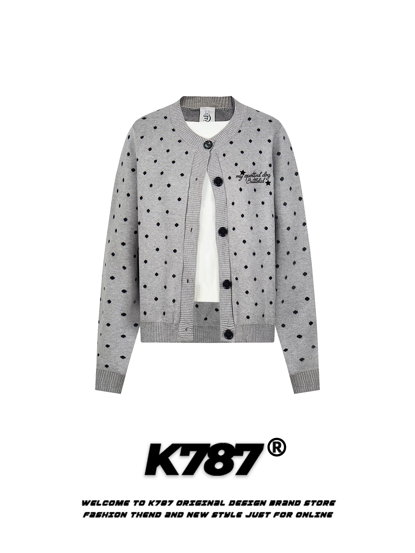 Áo cardigan len nữ kiểu Mỹ cổ tròn chấm bi giả hai lớp K787, có thêu, ấm áp và tôn dáng, kiểu dáng ngắn.