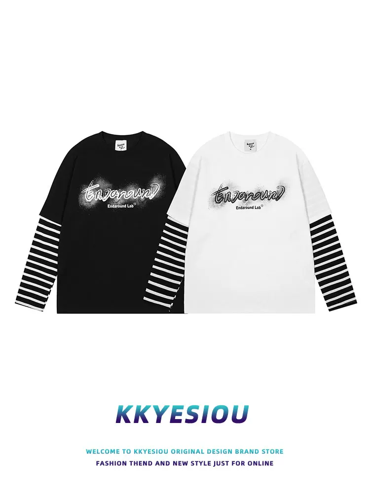 KKyesiou Áo thể thao giả hai mảnh kiểu Nhật Bản giản dị sọc thể thao unisex giản dị phong cách đại học Áo thun dài tay dành cho cặp đôi