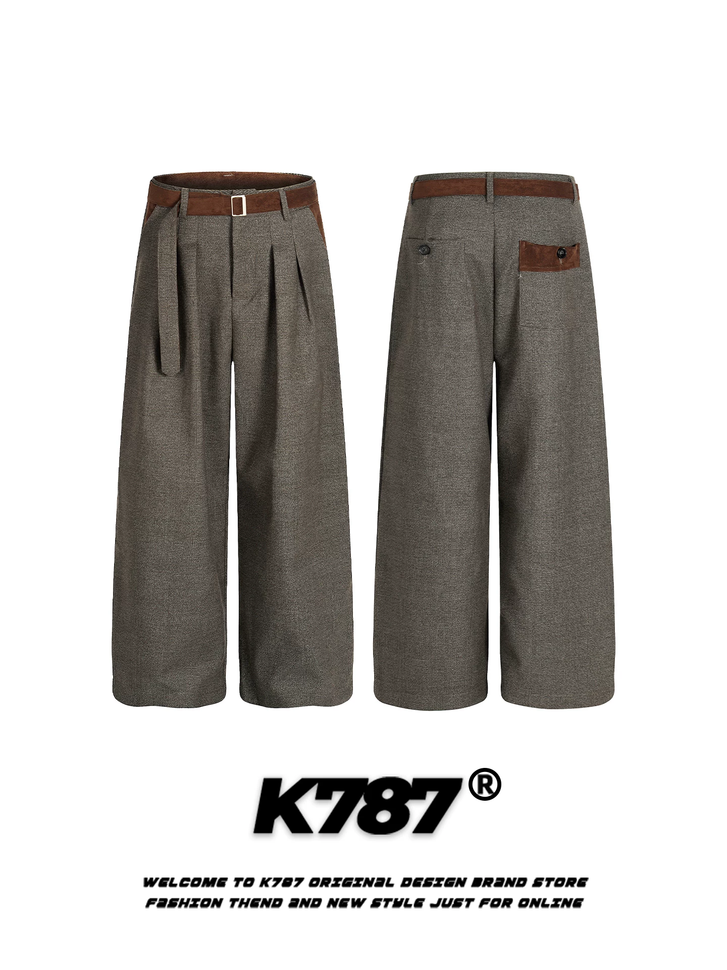 Quần âu unisex kiểu dáng rộng thùng thình, chất liệu vải houndstooth cổ điển Mỹ K787, phong cách tiền cổ, đa năng, dáng thẳng, ống rộng.