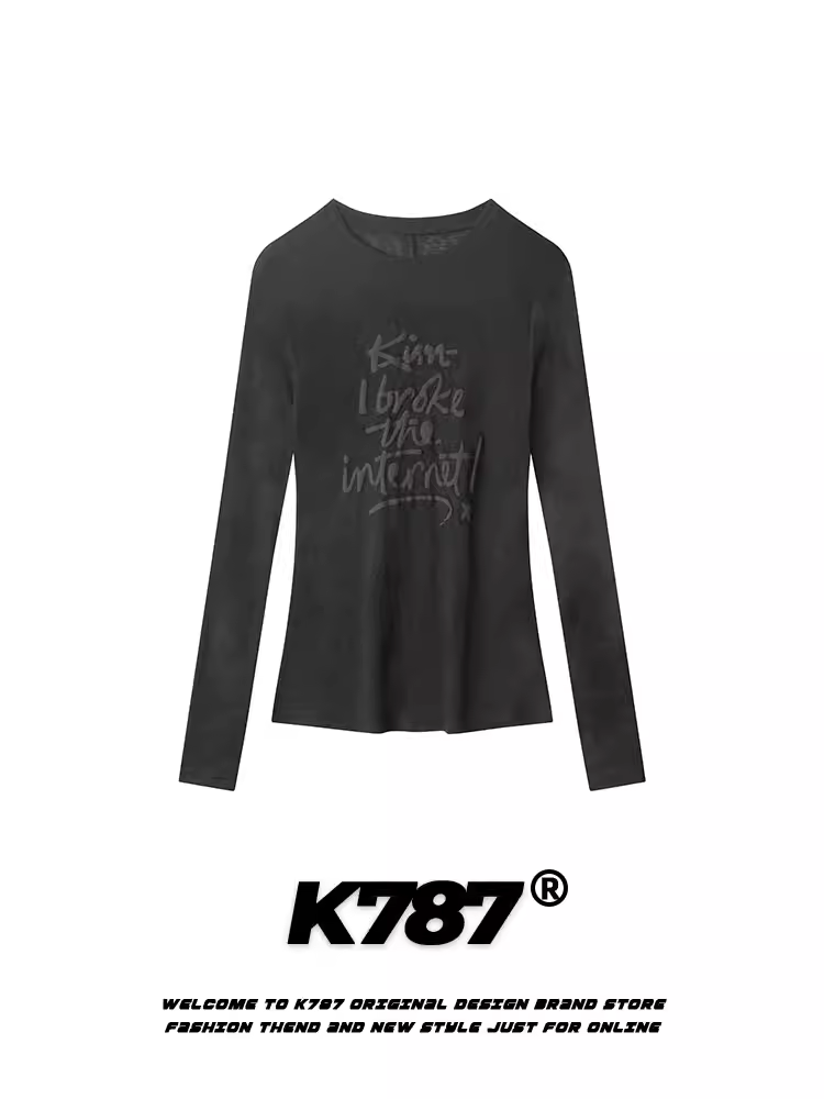 Áo thun nữ tay dài in chữ bọt xốp mỏng K787, kiểu dáng ôm body, thiết kế đa năng, áo lót