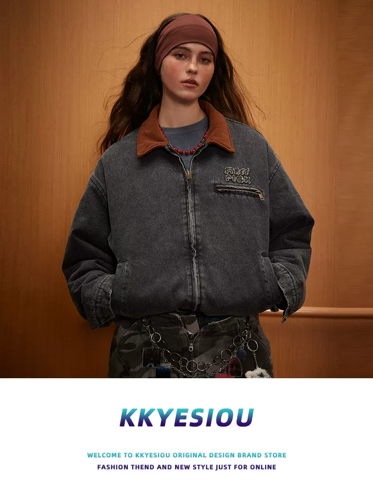 Áo khoác cotton kiểu Mỹ cổ điển, thời thượng, đã qua xử lý làm mềm và tạo hiệu ứng cũ kỹ, dành cho nam và nữ, áo khoác denim cotton dày dặn, có lớp lót.